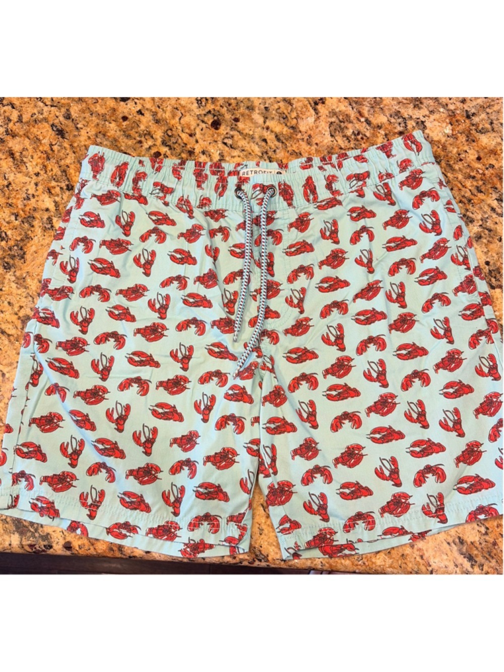 Retrofit Lobster Print Swim Trunks Large Light Blue Red